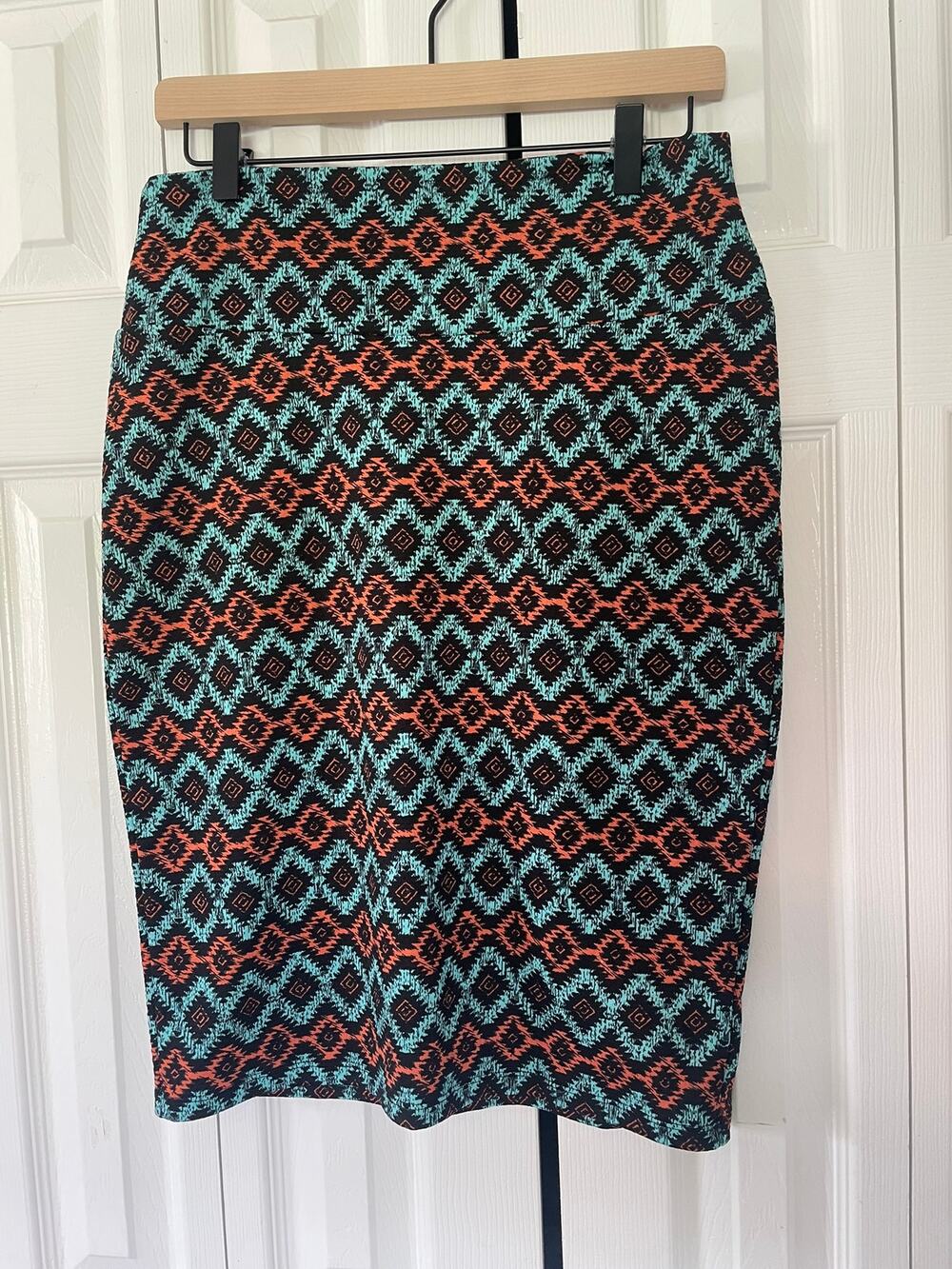 Lularoe Cassie Pencil Skirt Black Teal Orange Aztec Women's M